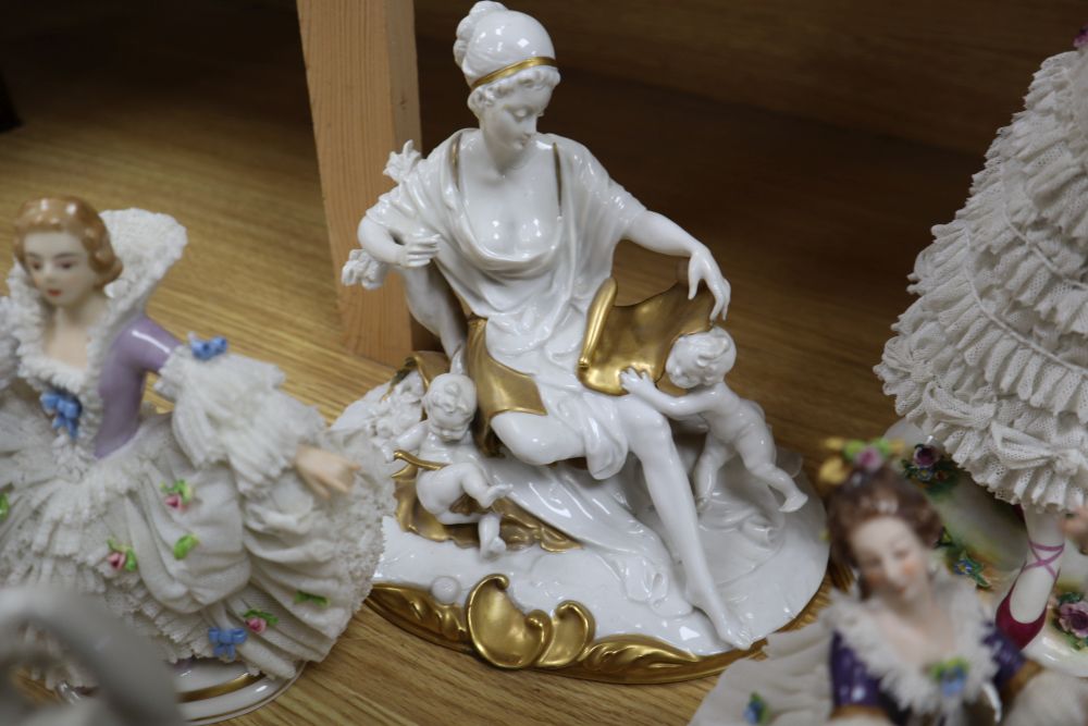 A group of six Continental porcelain figures, tallest 30cm